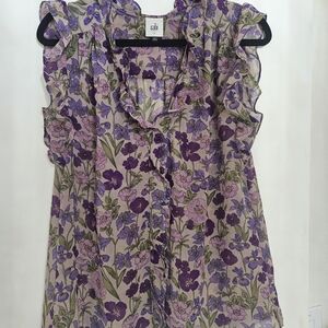 CAbi Purple and Green Floral Blouse